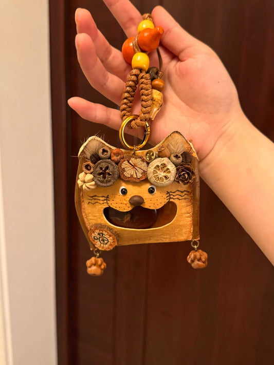 Flower Crown Cat Handmade Pod Doll — Open-Mouth Botanical Keychain Edition
