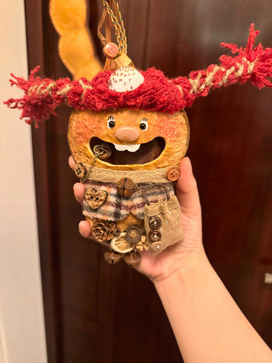 Red Hat Jester Handmade Pod Doll — Open-Mouth Carnival Cottage Edition