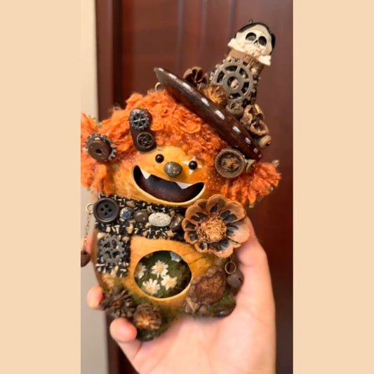 Steampunk Goblin Handmade Pod Doll — Open-Mouth Dark Forest Gear Edition
