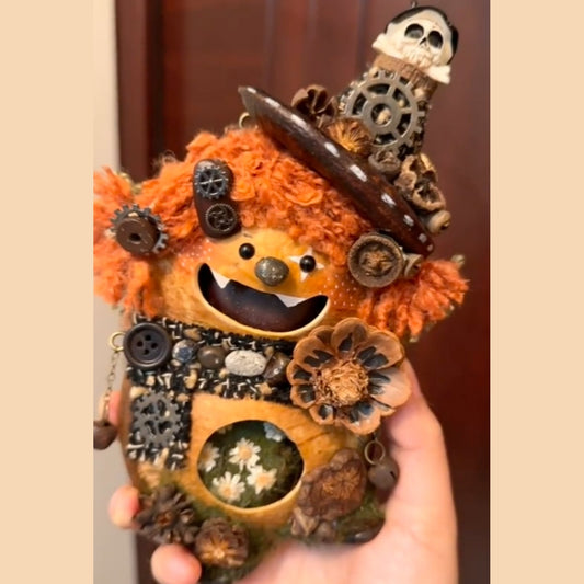 Steampunk Goblin Handmade Pod Doll — Open-Mouth Dark Forest Gear Edition