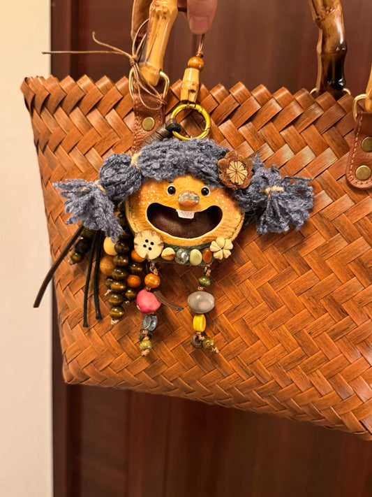 Blue Pigtail Sprite Handmade Pod Doll — Open-Mouth Boho Bag Charm Edition