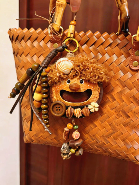 Curly Lion Handmade Pod Doll — Open-Mouth Seashell Boho Bag Charm Edition