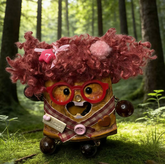 Red Specs Wildling Handmade Pod Doll — Open-Mouth Quirky Forest Edition