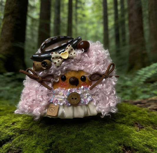 Dapper Pink Bear Handmade Pod Doll — Single-Sided Vintage Woodland Edition