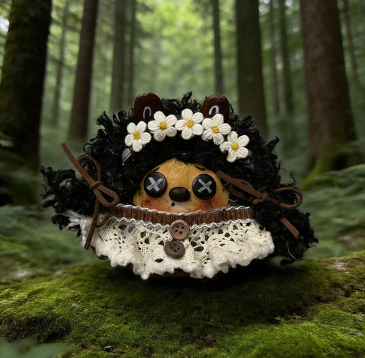 Button Eye Daisy Bear Handmade Pod Doll — Single-Sided Dark Whimsy Cottage Edition