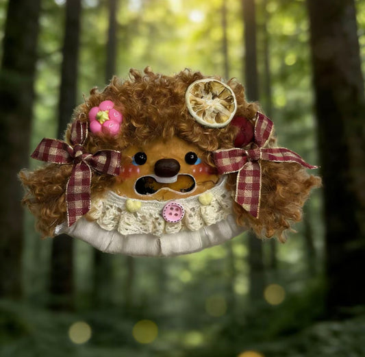 Gingham Bow Pup Handmade Pod Doll — Open-Mouth Lemon Cottage Edition