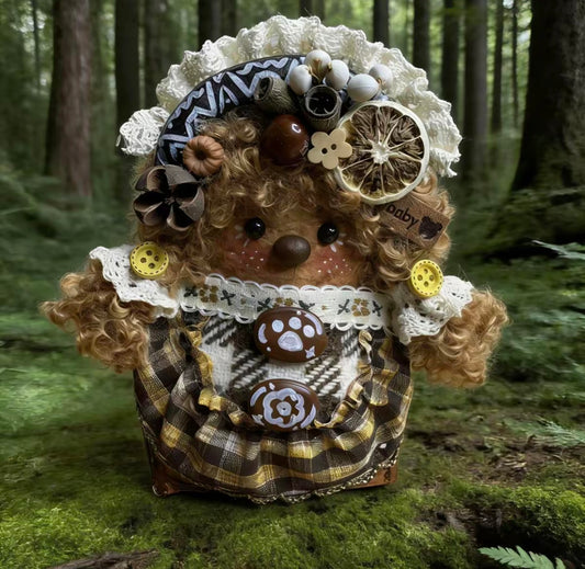 Lace Bonnet Grandma Bear Handmade Pod Doll — Single-Sided Heirloom Cottage Edition