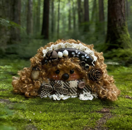 Houndstooth Hedgehog Bear Handmade Pod Doll — Single-Sided Vintage Forest Edition