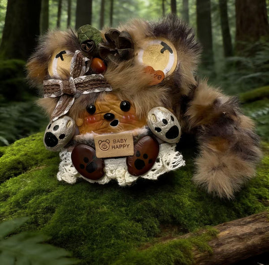 Baby Happy Raccoon Handmade Pod Doll — Single-Sided Mossy Log Forest Edition