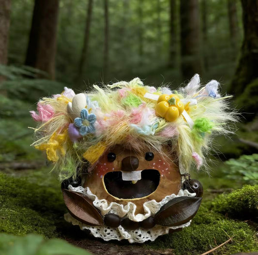 Rainbow Candy Grin Handmade Pod Doll — Open-Mouth Wildflower Carnival Edition