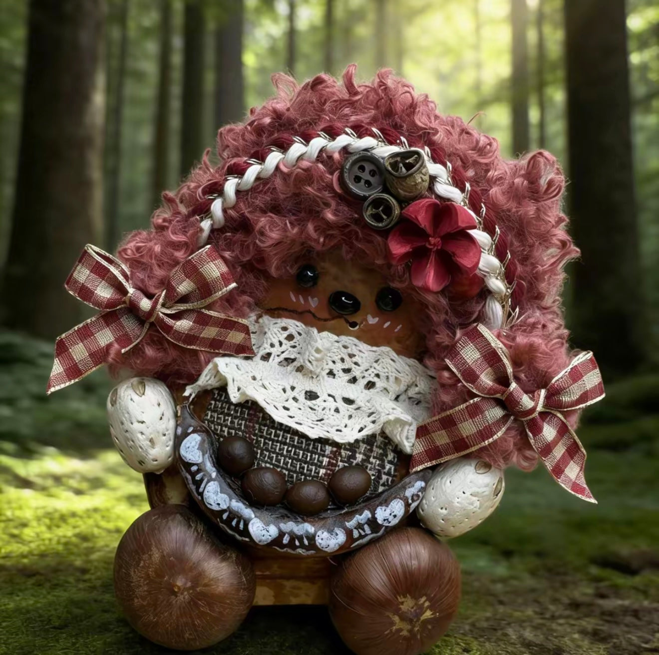 rose gingham basket bear handmade pod doll — single-sided cottage market edition