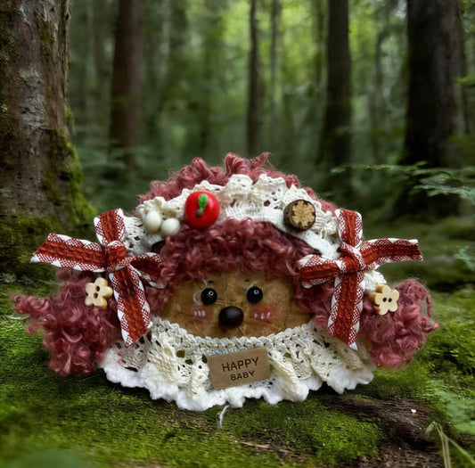 Happy Baby Lace Cap Hedgehog Handmade Pod Doll — Single-Sided Vintage Cottage Edition