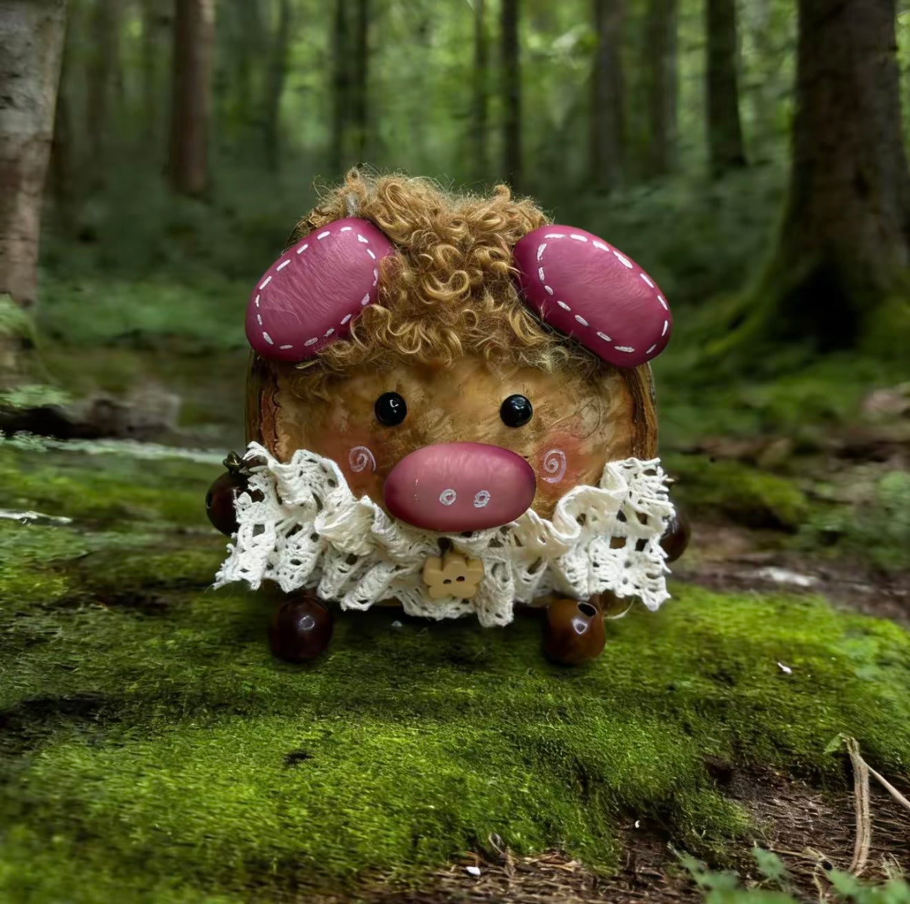 rosy snout piglet handmade pod doll — single-sided mossy forest edition