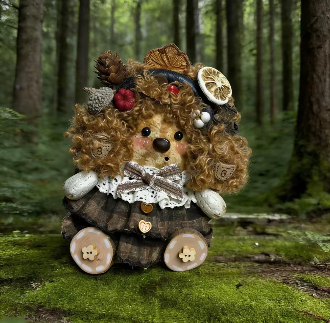 tartan hedgehog scholar handmade pod doll — single-sided vintage forest edition