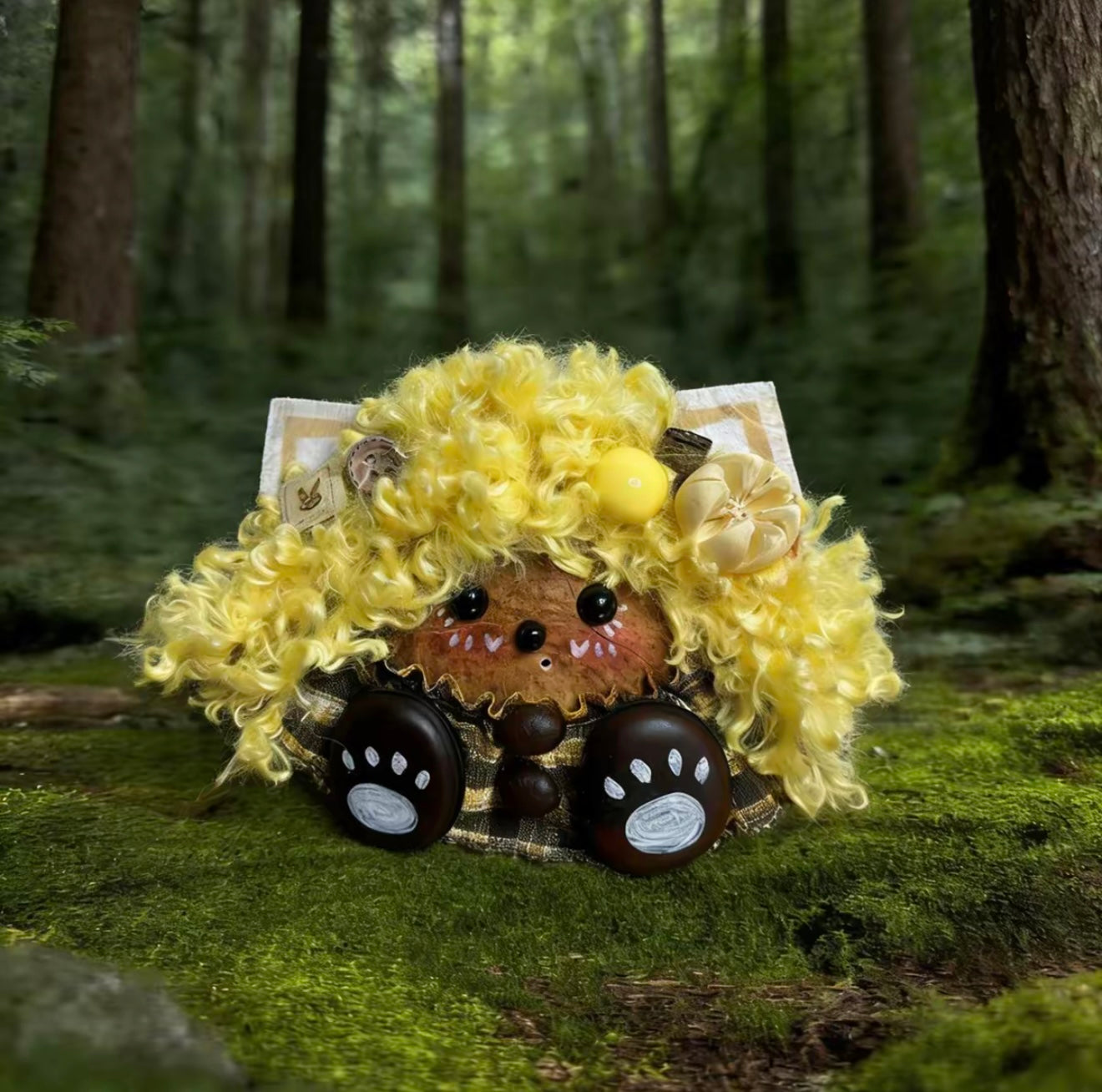 lemon gold plaid cat handmade pod doll — single-sided sunshine forest edition