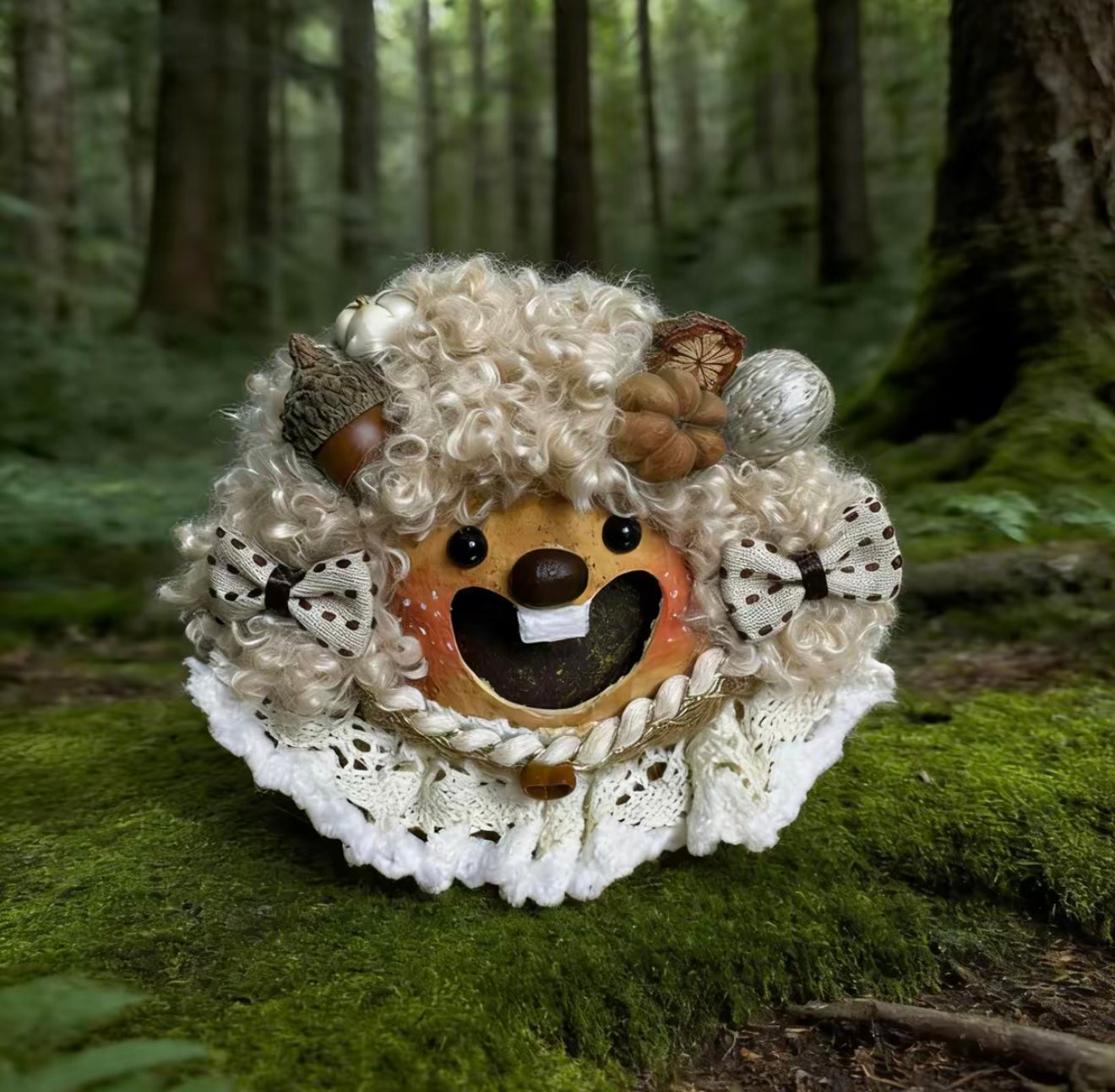 polka dot bow hedgehog handmade pod doll — open-mouth lace cottage edition