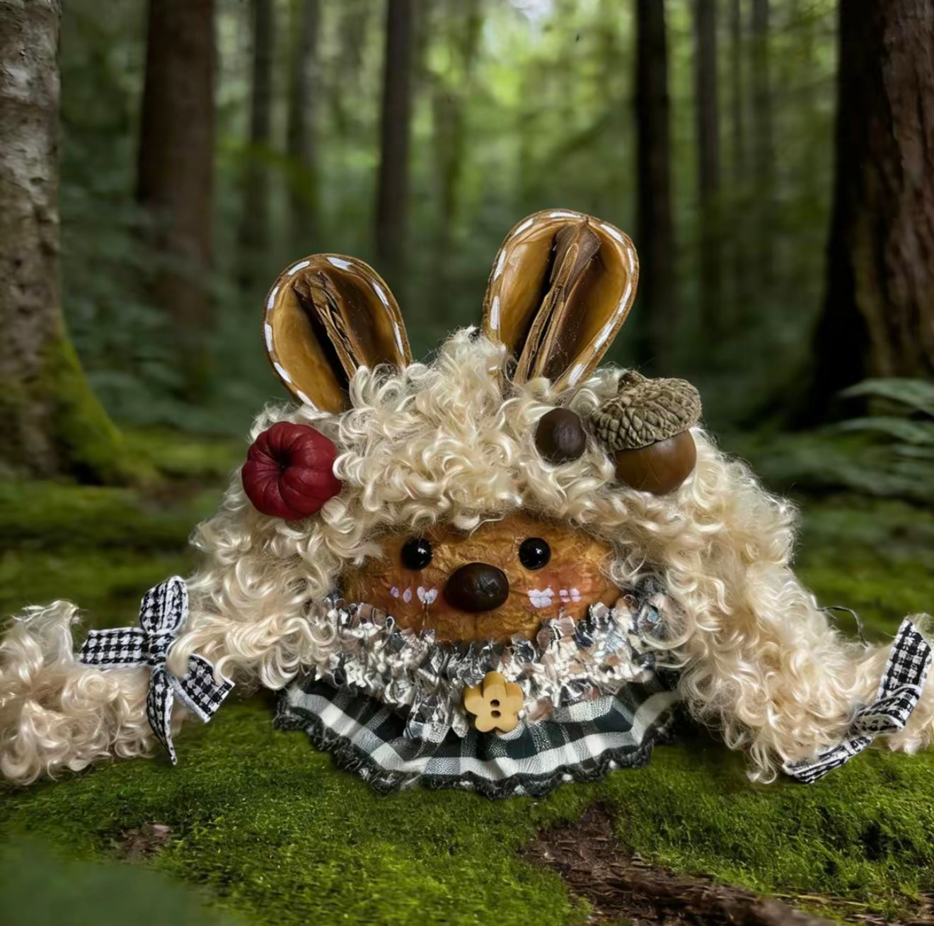 pod ear gingham bunny handmade pod doll — single-sided vintage forest edition