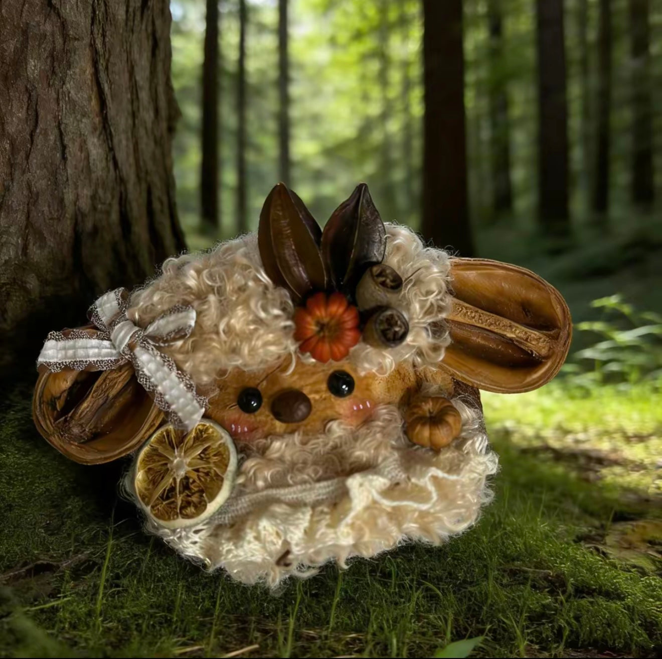 walnut shell harvest bunny handmade pod doll — open-mouth autumn forest edition