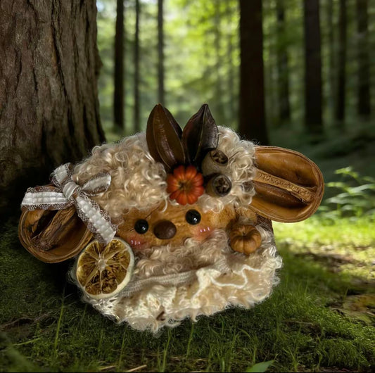 Walnut Shell Harvest Bunny Handmade Pod Doll — Open-Mouth Autumn Forest Edition
