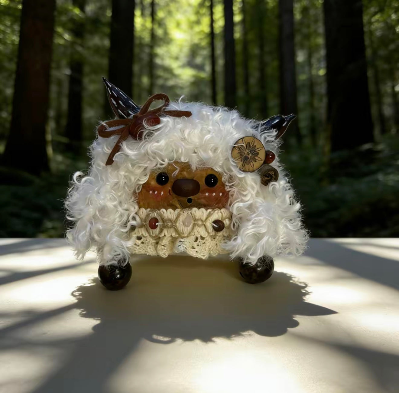 blue wing snow puff handmade pod doll — open-mouth sunlit forest edition