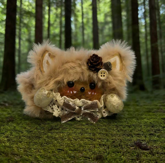Milk Tea Fluffy Cat Handmade Pod Doll — Single-Sided Mossy Forest Lounge Edition