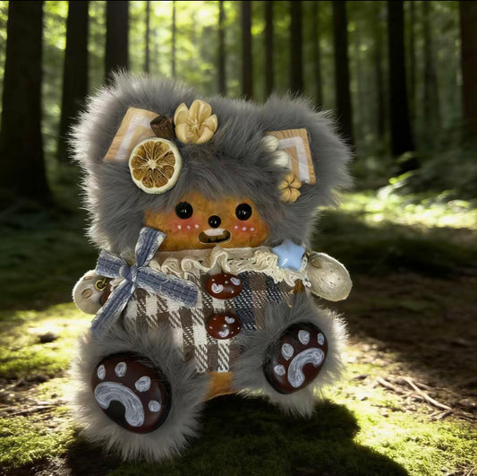 Grey Plaid Bear Mushroom Cup Handmade Pod Doll — Open-Mouth Cosy Forest Edition