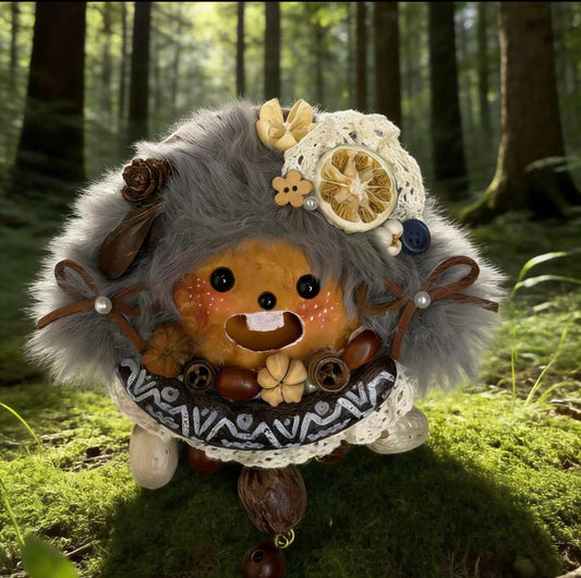 Grey Lace Cap Lemon Sprite Handmade Pod Doll — Open-Mouth Vintage Forest Edition