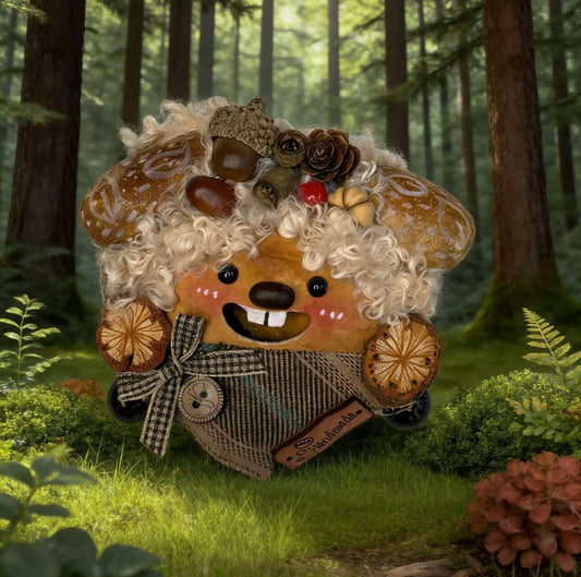 Leopard Ear Harvest Grin Bear Handmade Pod Doll — Open-Mouth Autumn Forest Edition