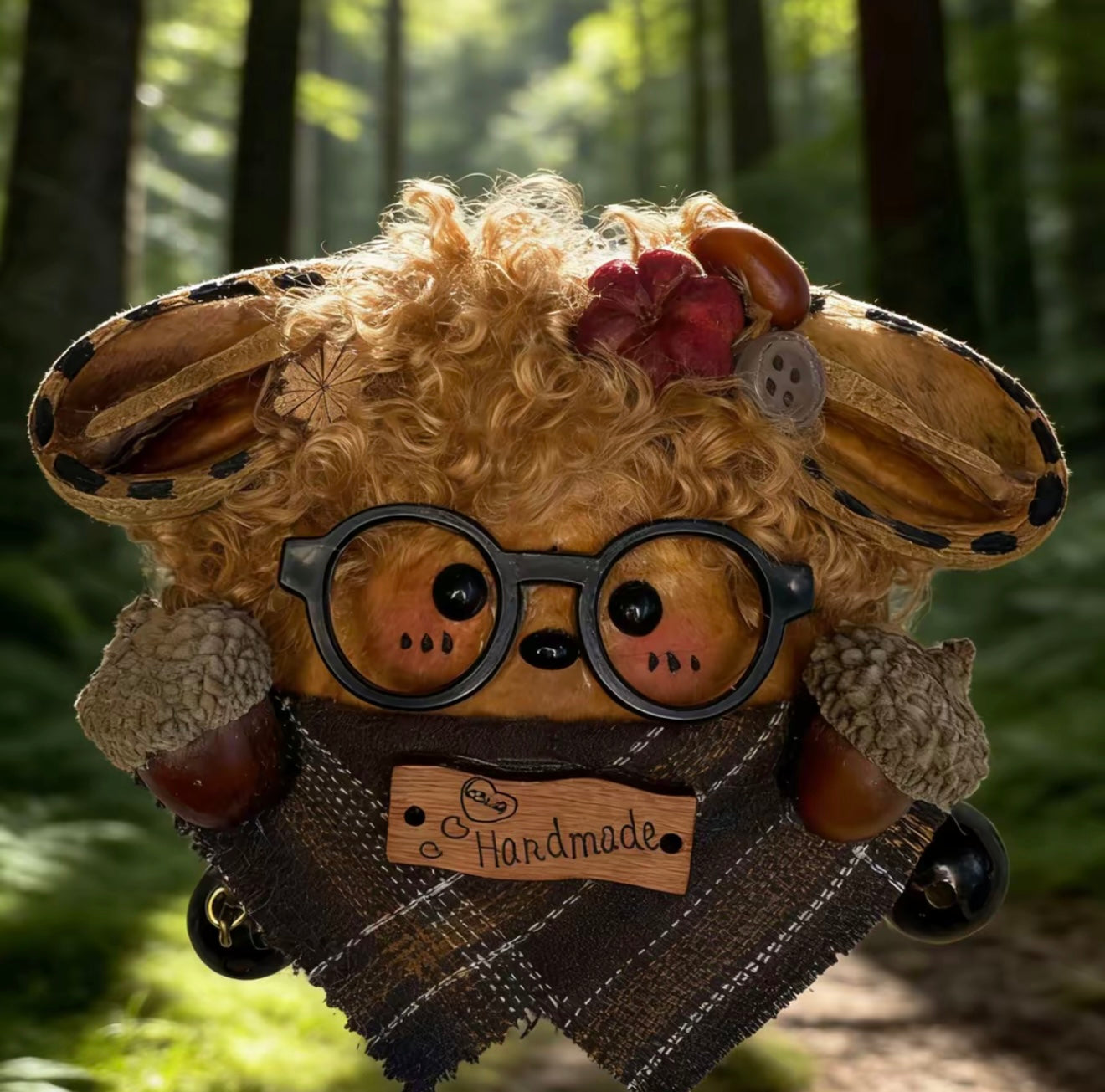 leopard pod ear scholar bear handmade pod doll — single-sided woodland academia edition