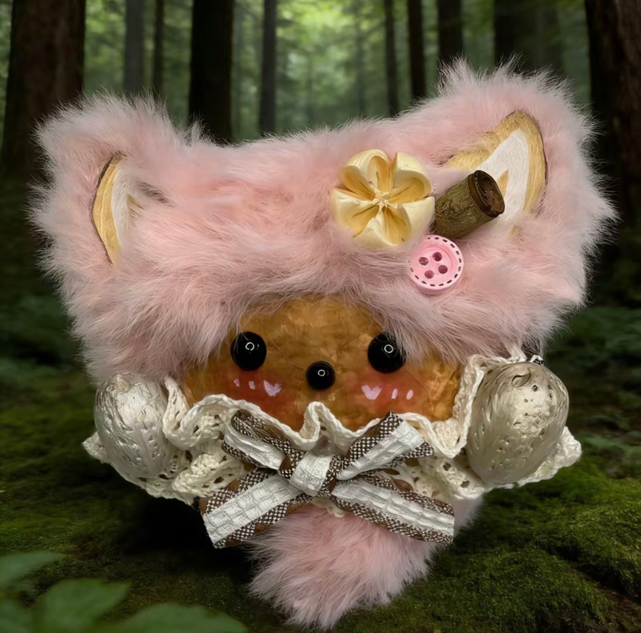 pink wood ear sweetheart cat handmade pod doll — single-sided blush forest edition