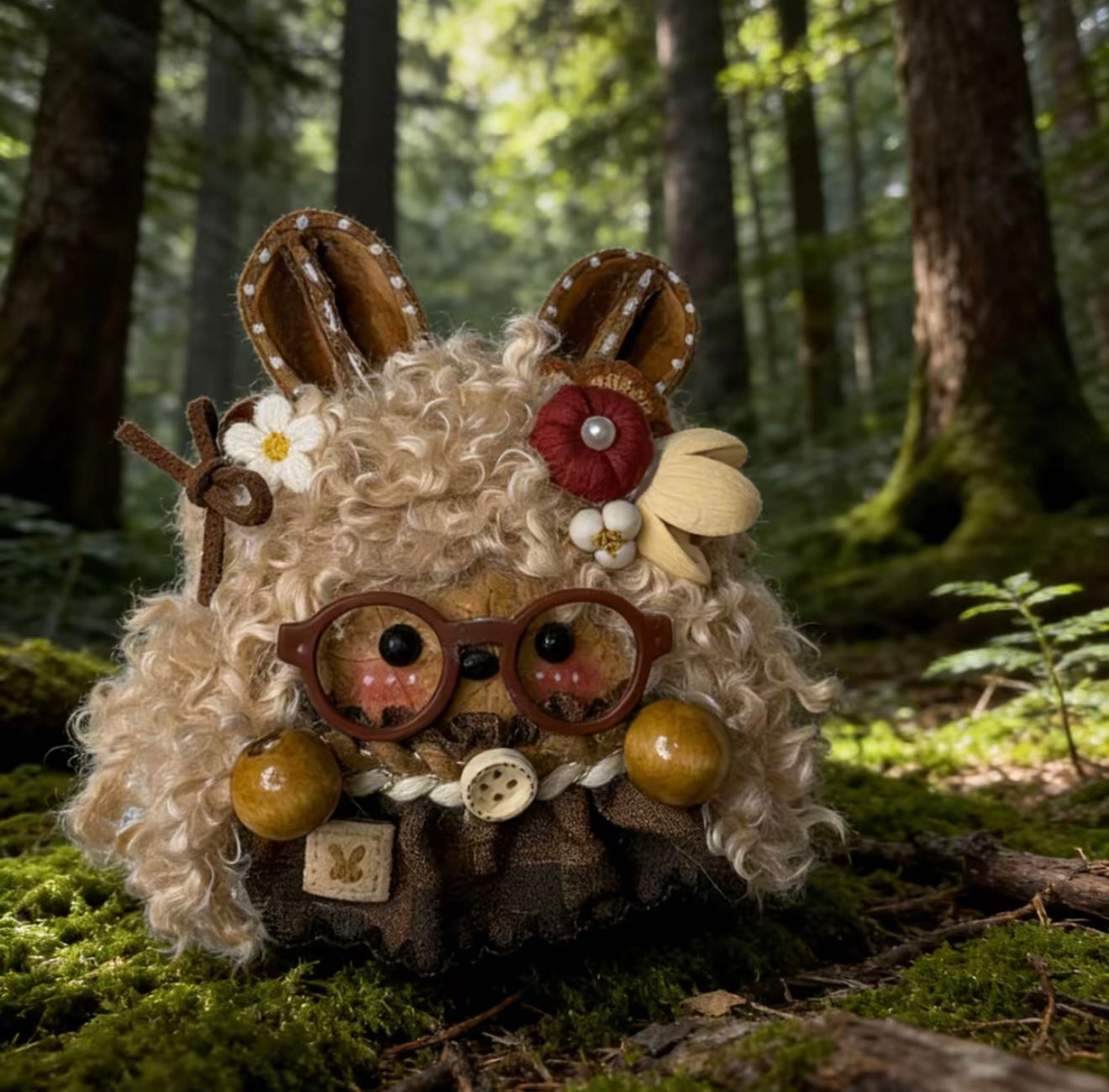polka dot bunny ear scholar handmade pod doll — single-sided woodland academia edition
