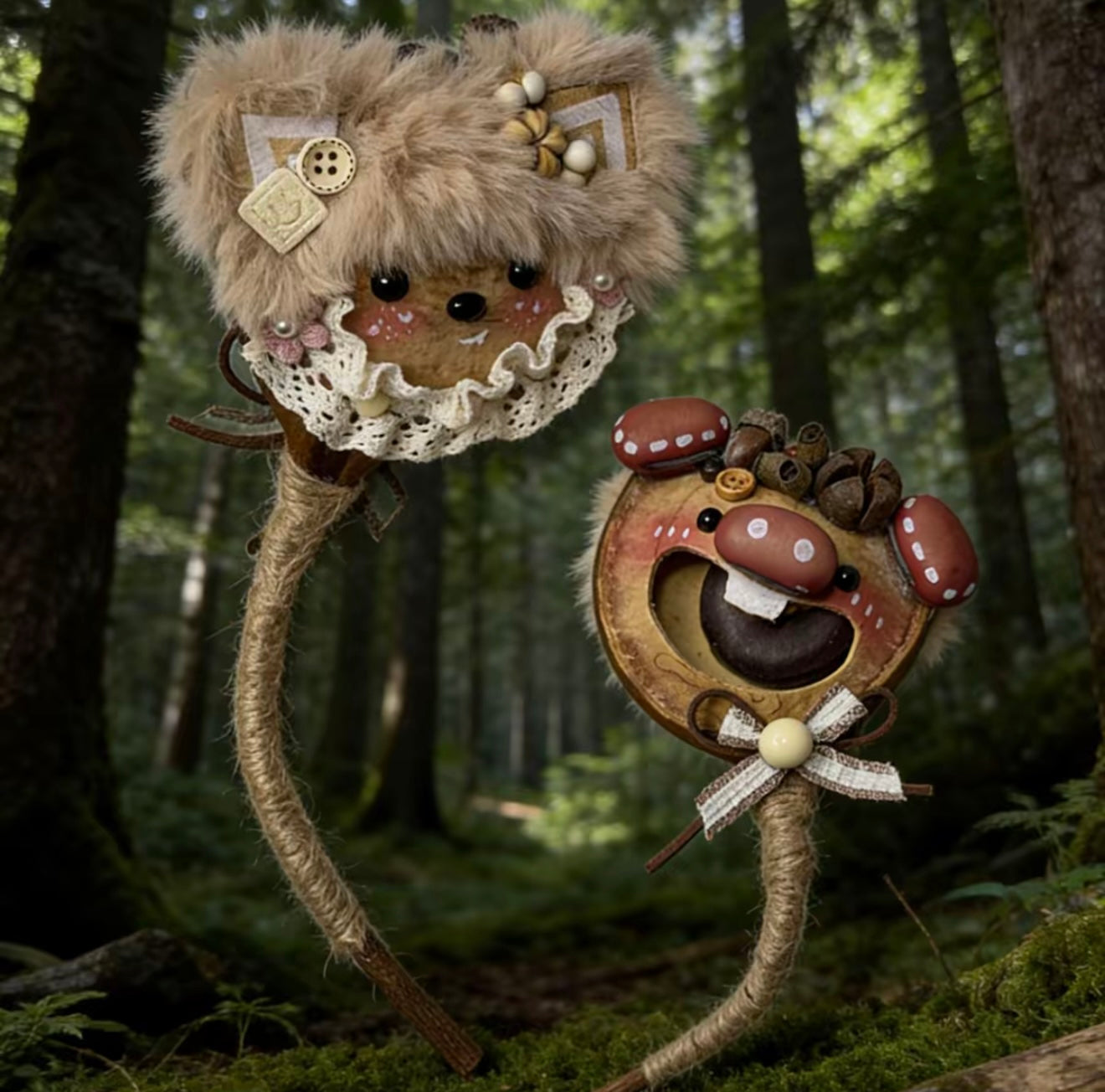 twin stem forest spirits handmade pod doll — double-sided hemp stem installation edition