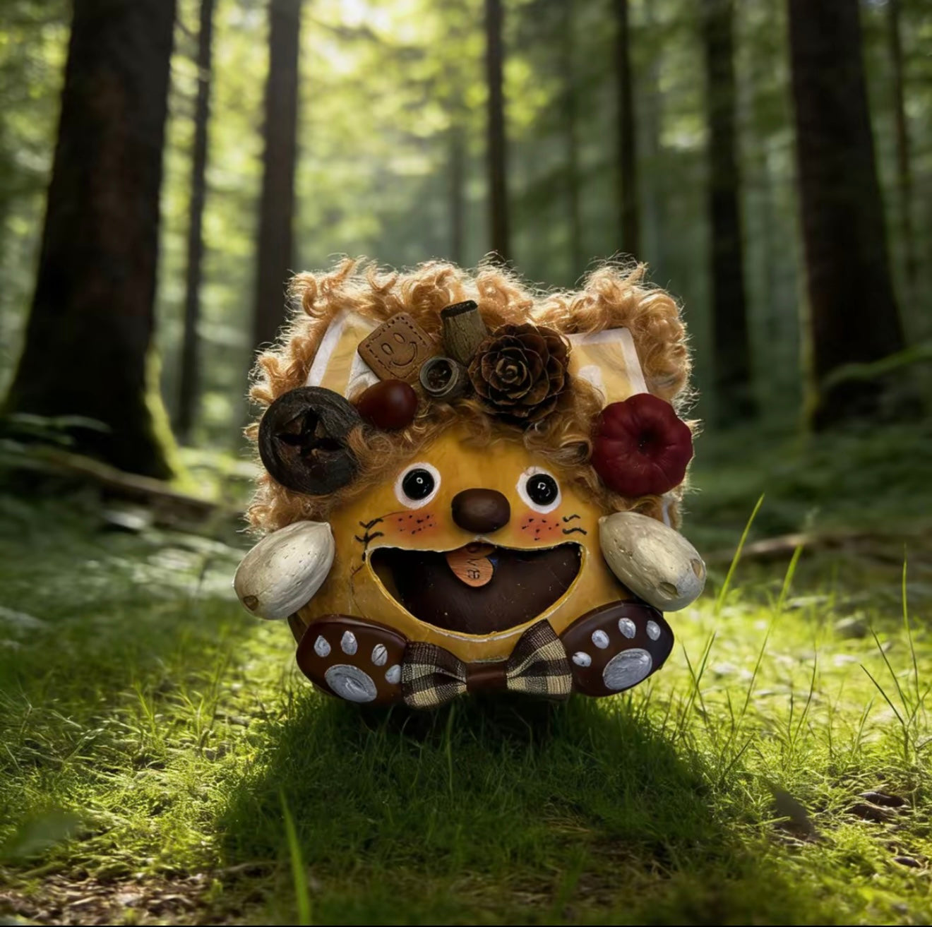 golden mane grin lion handmade pod doll — open-mouth sunlit forest edition