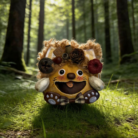 Golden Mane Grin Lion Handmade Pod Doll — Open-Mouth Sunlit Forest Edition