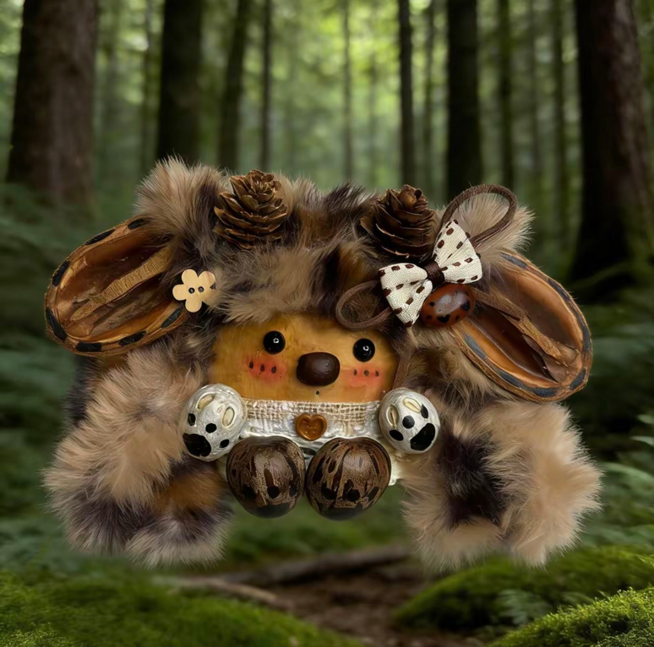 pine cone bell bear handmade pod doll — open-mouth wild forest edition