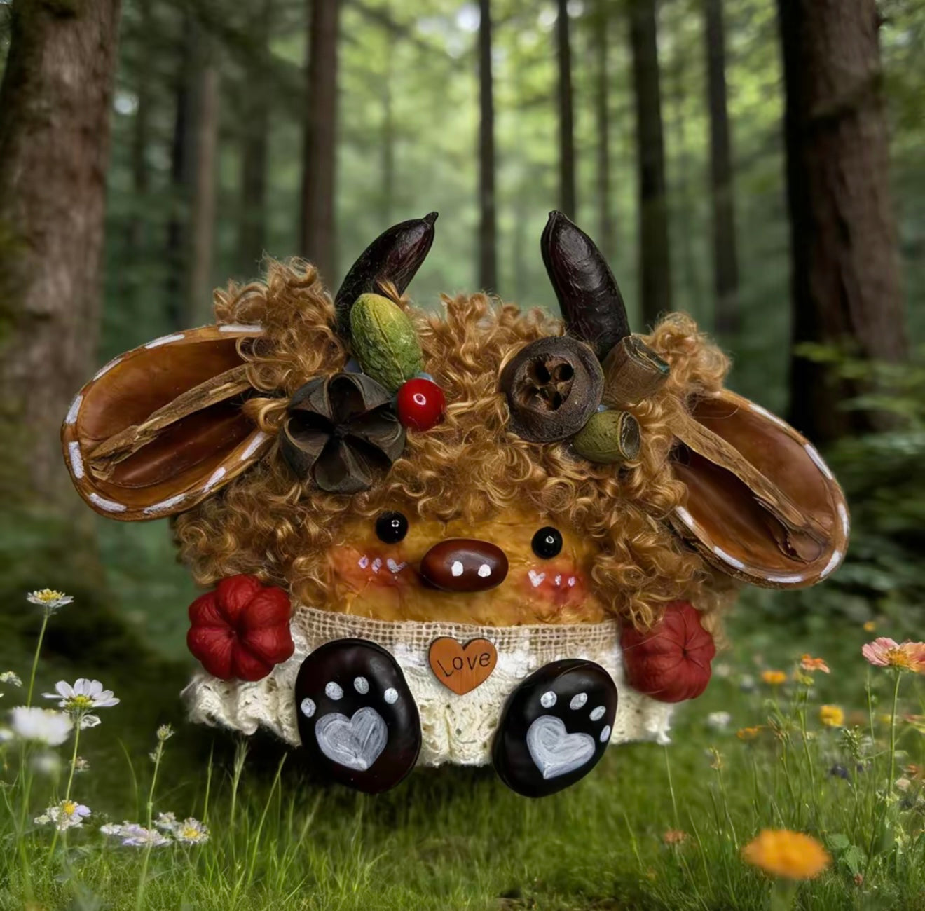 golden curl pod horn bull handmade pod doll — single-sided wildflower meadow edition