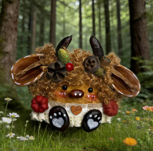 Golden Curl Pod Horn Bull Handmade Pod Doll — Single-Sided Wildflower Meadow Edition