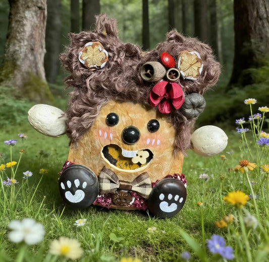 Walnut Paw Bear Handmade Pod Doll — Open-Mouth Wild Meadow Edition