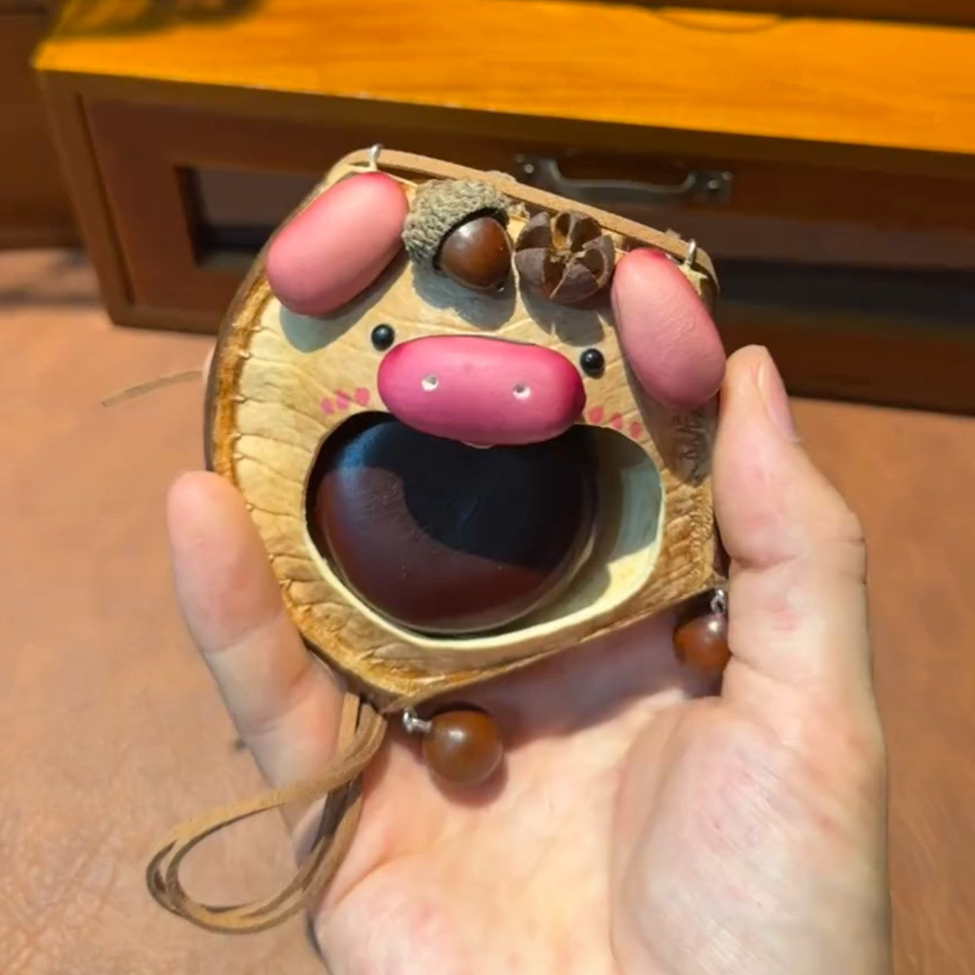 chubby pig handmade pod doll — open-mouth acorn edition