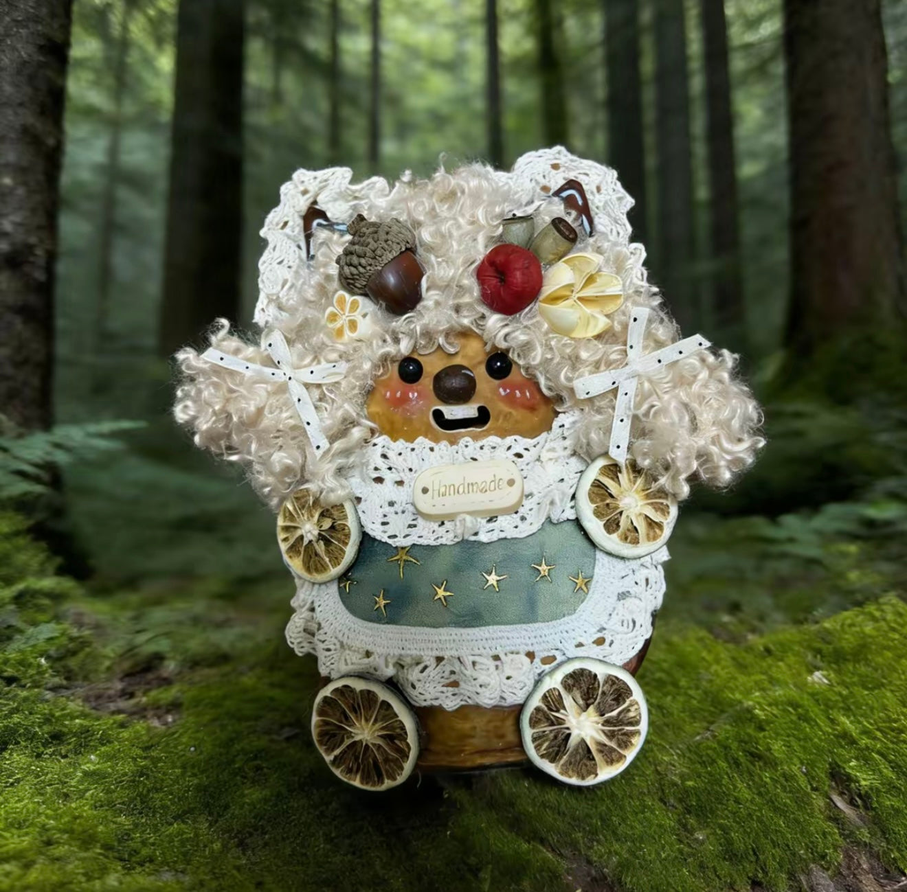 lemon wheel star apron carriage bear handmade pod doll — open-mouth fairytale forest edition