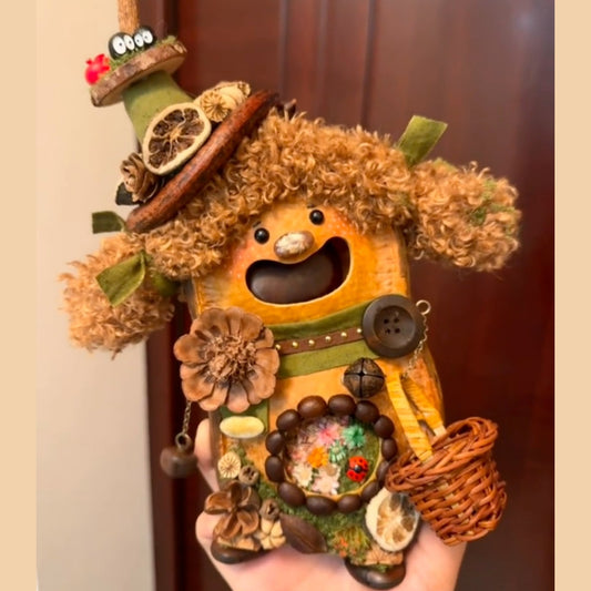 Curly Forest Bear Handmade Pod Doll — Open-Mouth Cottagecore Garden Edition