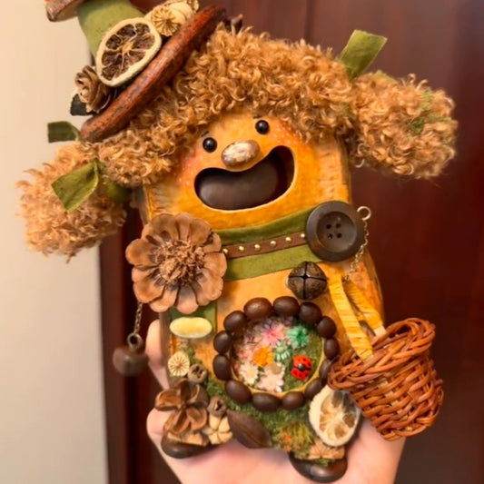 Curly Forest Bear Handmade Pod Doll — Open-Mouth Cottagecore Garden Edition