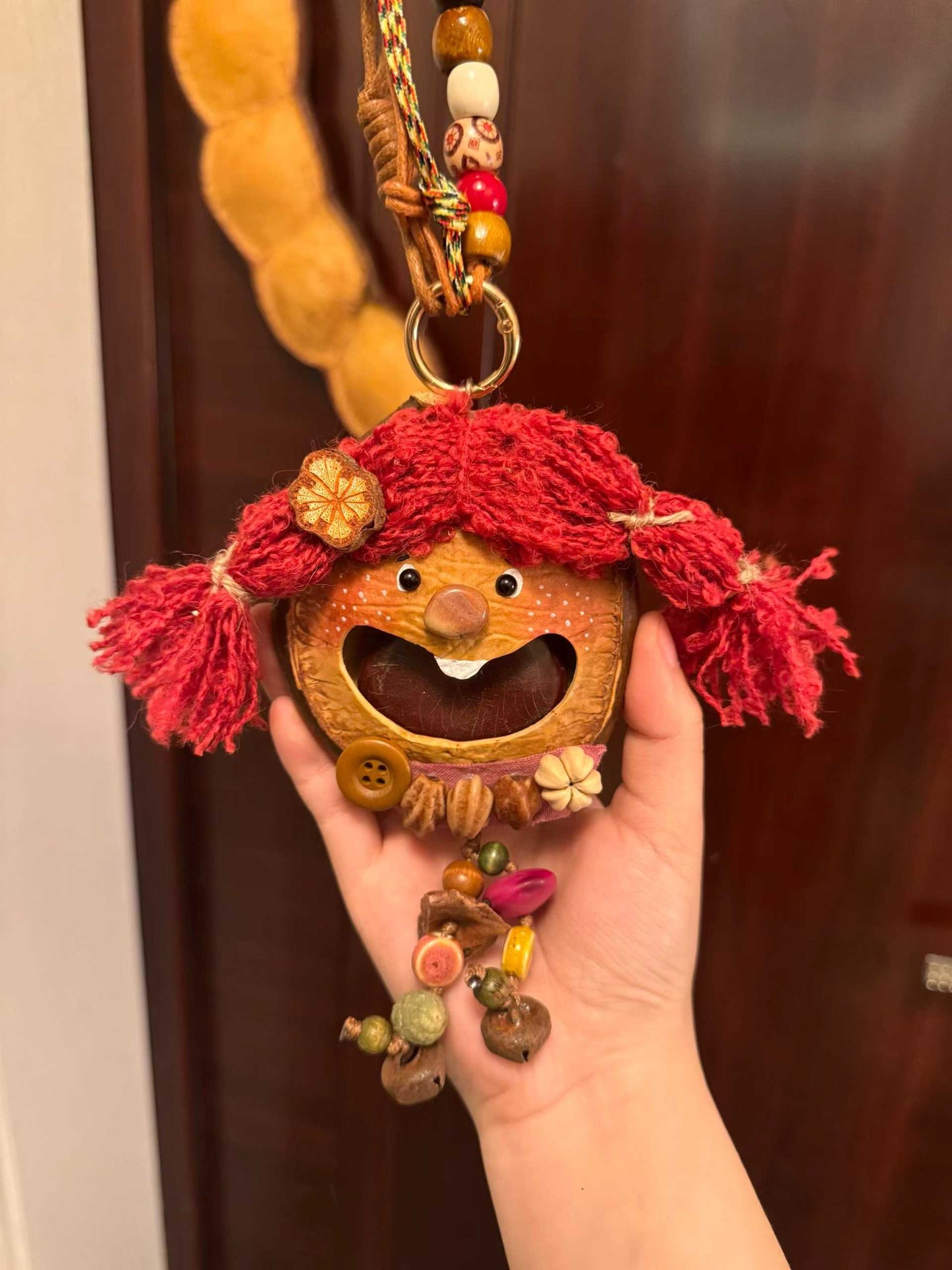 red pigtail girl handmade pod doll — open-mouth boho keychain edition