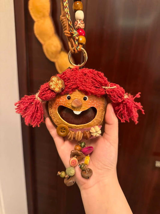 Red Pigtail Girl Handmade Pod Doll — Open-Mouth Boho Keychain Edition