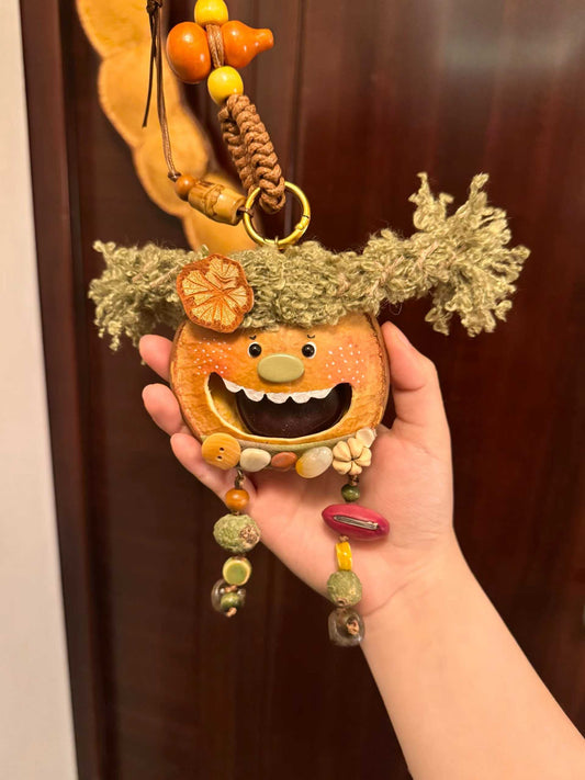 Pumpkin Gremlin Handmade Pod Doll — Open-Mouth Mossy Boho Keychain Edition